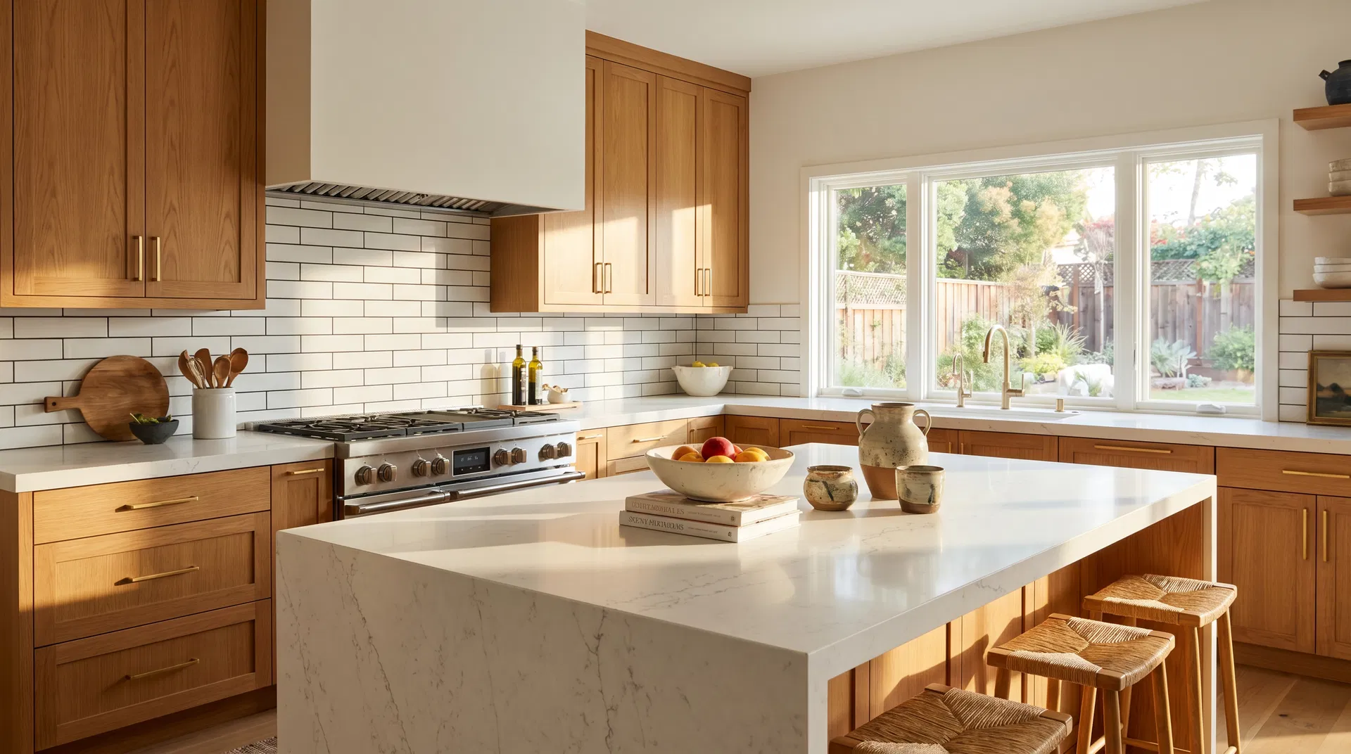 Kitchen with quartz countertop and subway tile backsplash