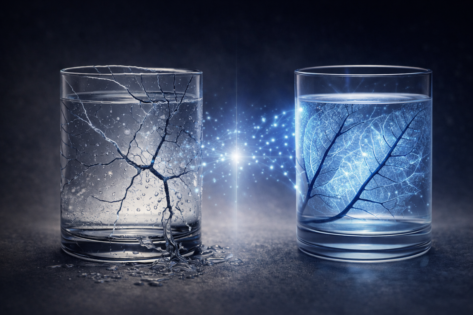 Originale symbolische Klarheitsgrafik: beschädigtes und intaktes Glas als Bild für eine gute Entscheidung
