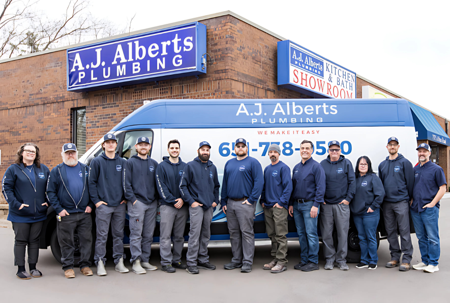 The AJ Alberts Plumbing and Water Conditioning team standing in front of their Woodbury showroom and service van