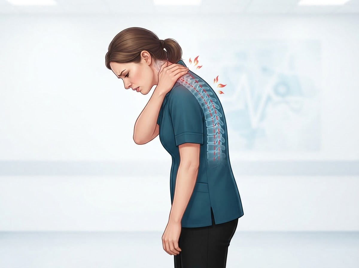 Woman with head tilted downward in discomfort from back and neck pain