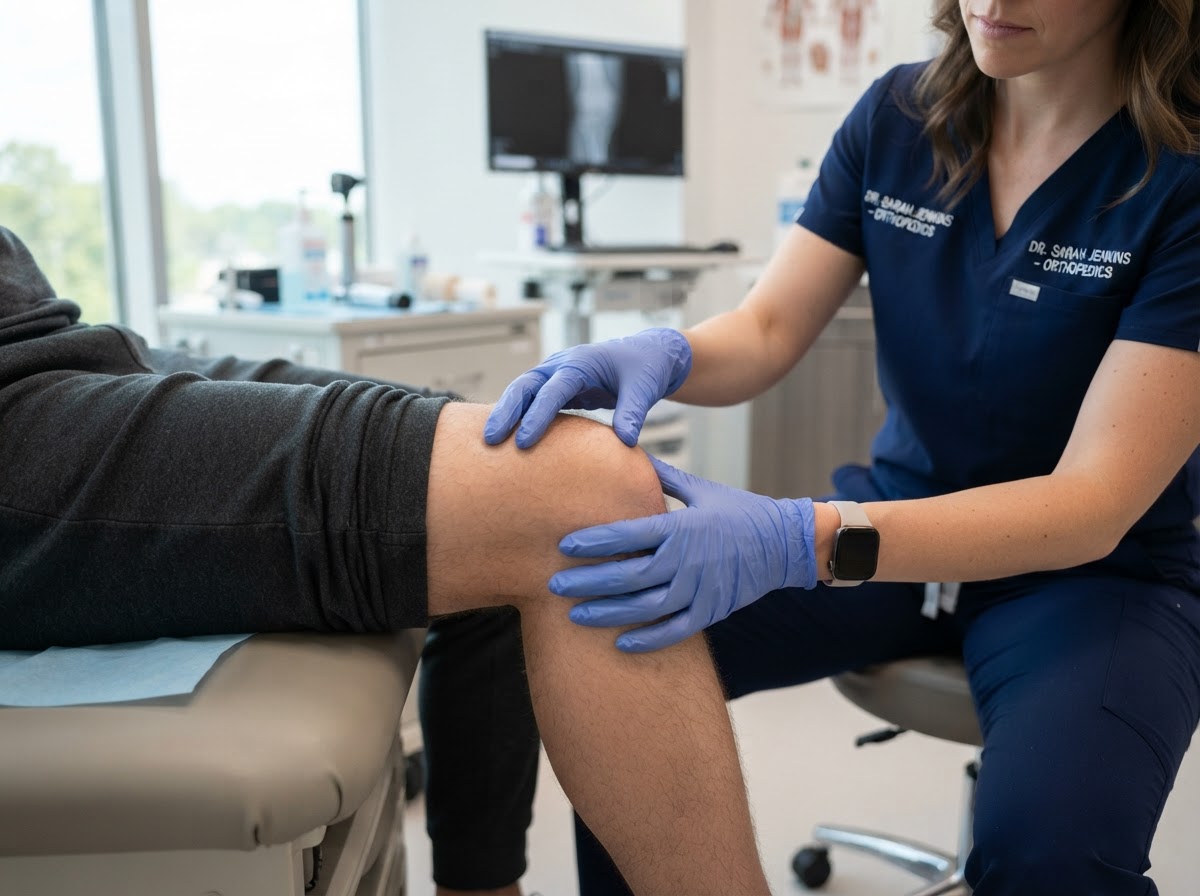 A doctor examining a patient's knee by gently palpating the knee joint in a modern medical clinic