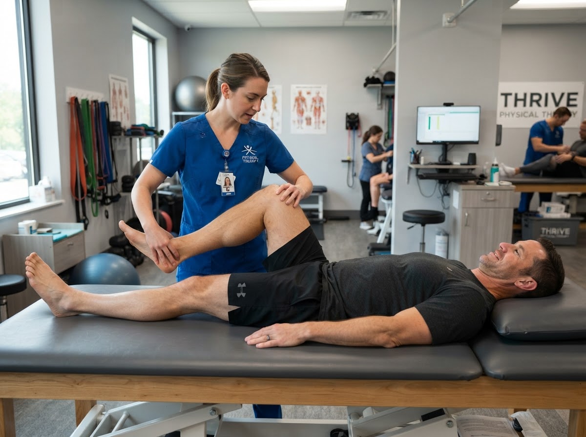 Physical therapist assessing a patient's hip and knee mobility
