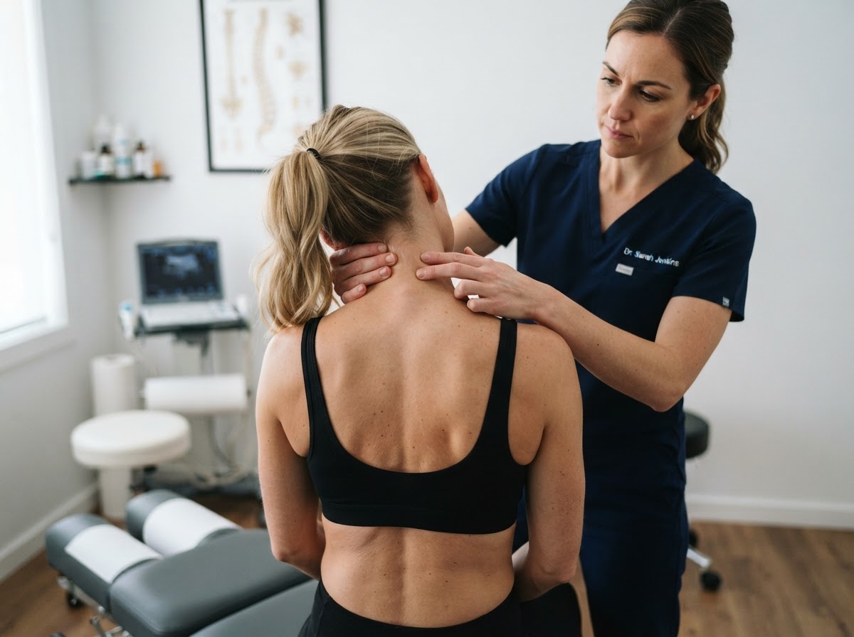 Chiropractor assessing a woman's neck from behind as she wears a sports bra in a clinical treatment room