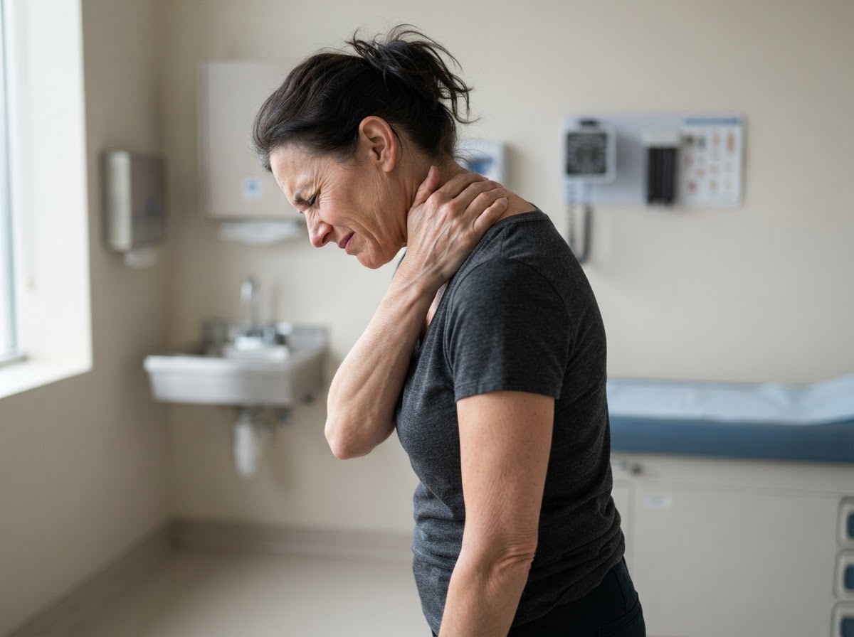 Person holding their neck in discomfort from back and neck pain