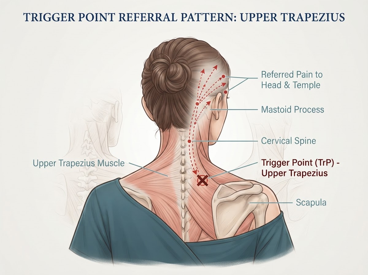 Anatomical illustration of a woman's upper back showing a trigger point pain referral pattern drawn from the trapezius muscle up to the head