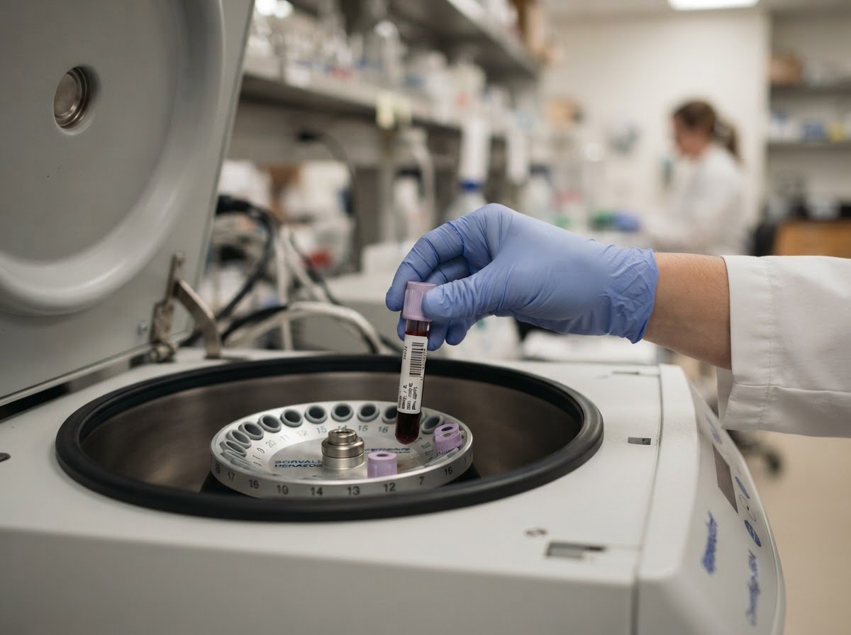 Gloved hand placing a blood vial into a laboratory centrifuge machine for A2M protein separation
