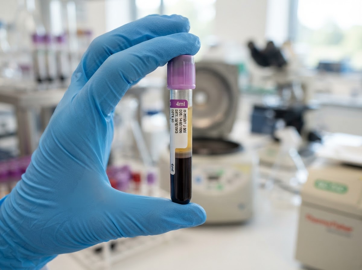 Gloved hand holding a vial with separated blood components showing red blood cells, buffy coat, and plasma layers