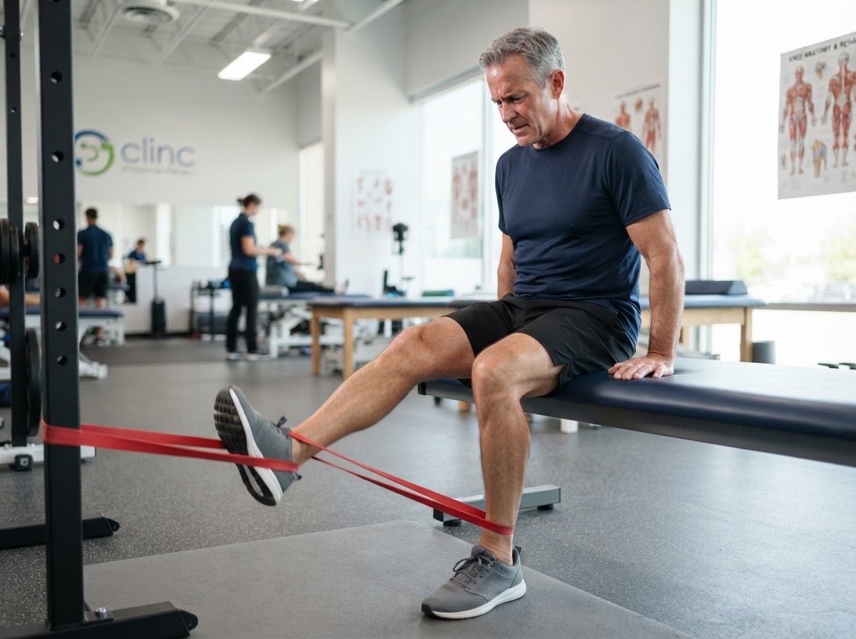 A man in his 50s wearing athletic clothing doing a knee rehabilitation exercise with a resistance band in a modern physical therapy clinic