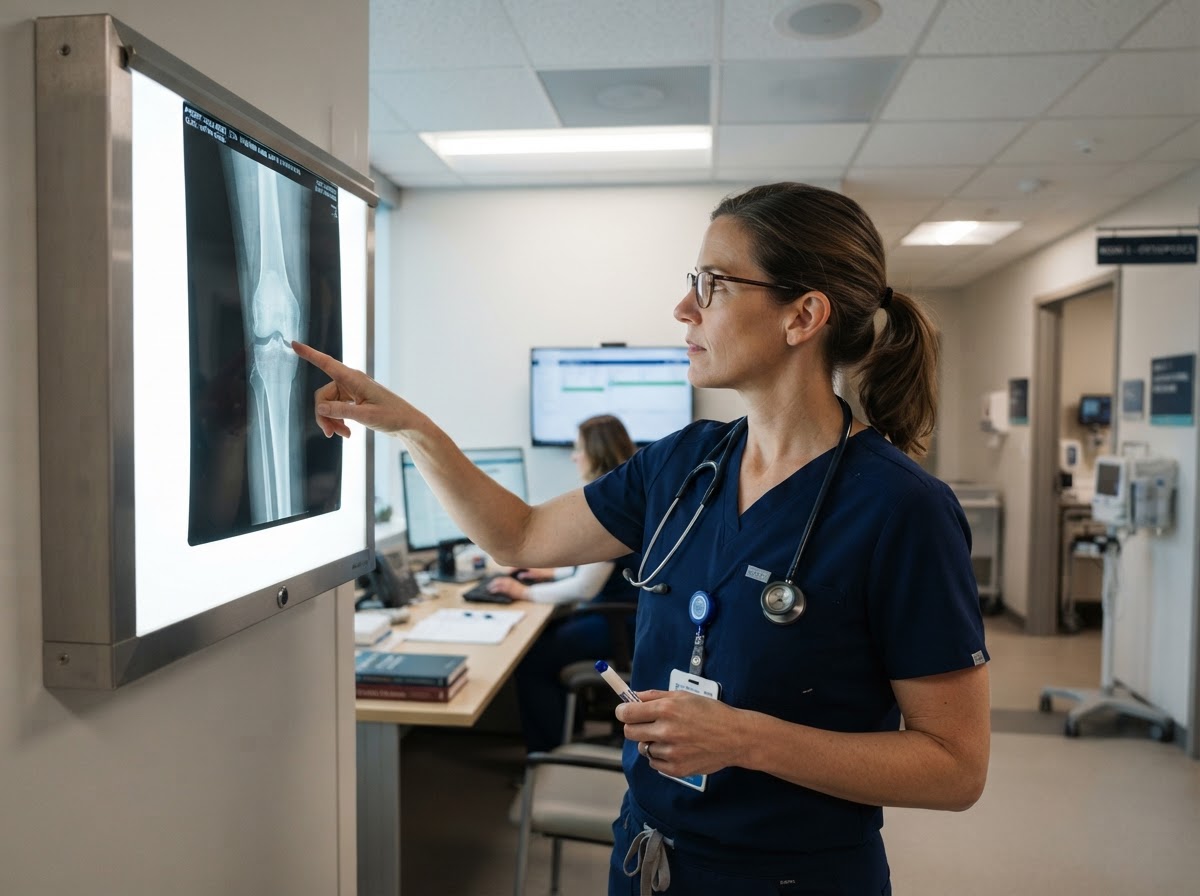 Doctor reviewing a digital X-ray of a knee joint on a lightbox viewbox in a modern medical clinic
