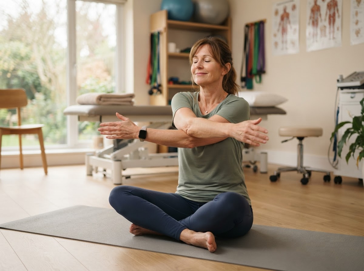 Patient performing a gentle stretching exercise for chronic pain relief