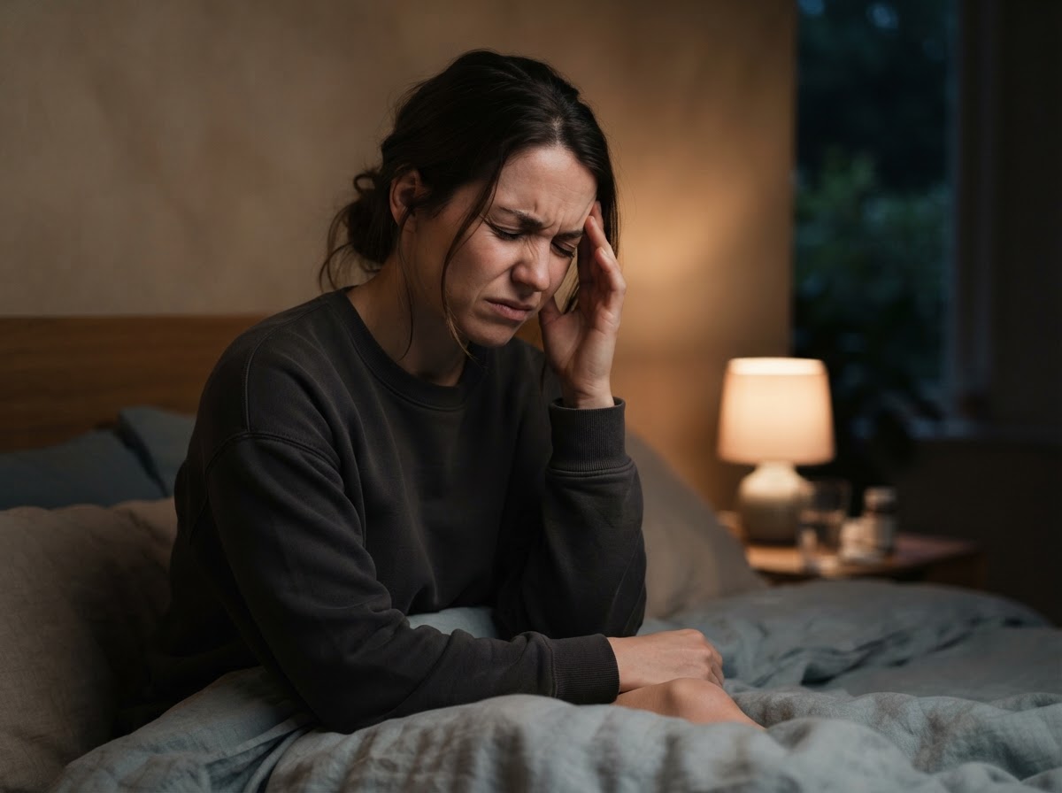 Person experiencing a migraine headache pressing their temple