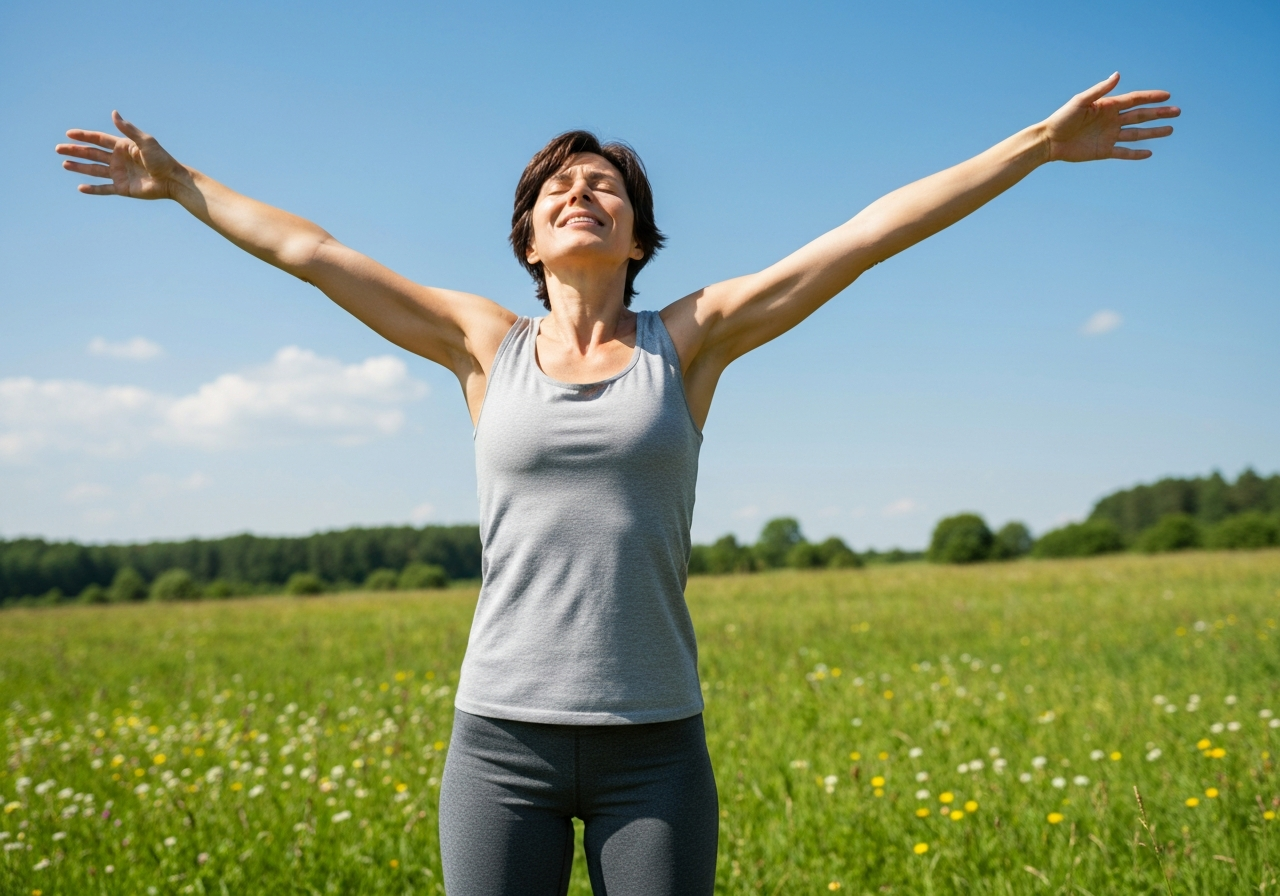 Person stretching outdoors, feeling relieved