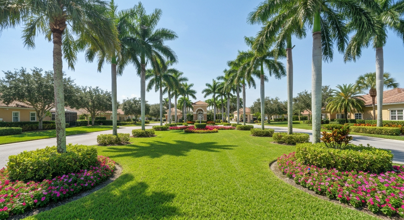 Florida HOA community entrance with pristine green grass, tall palm trees, and professional grounds maintenance