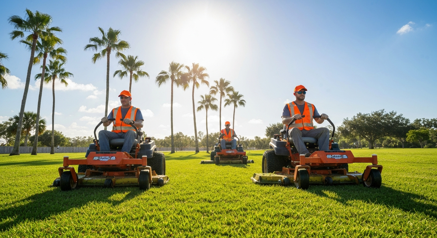 Professional lawn care crews on zero-turn mowers