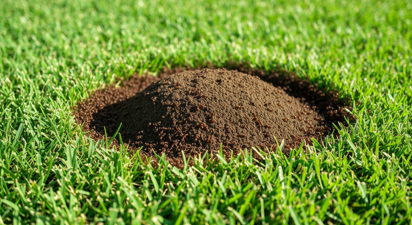 A fire ant mound on a lush green Florida lawn