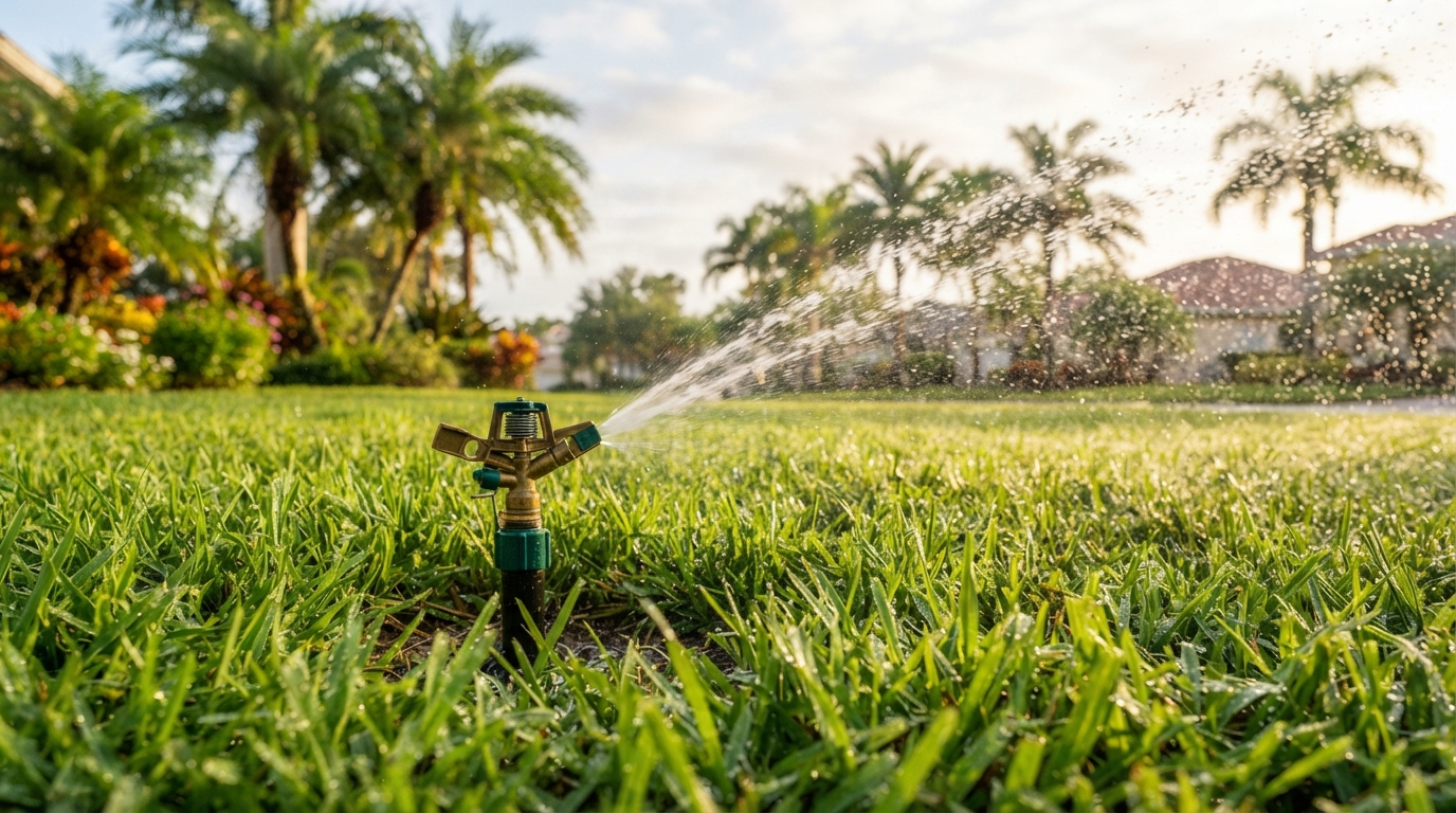 A lawn sprinkler system watering lush green St. Augustine grass in Parrish Florida at sunrise