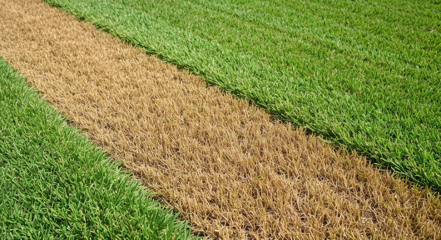 A distinct patch of dead, brown St. Augustine grass next to healthy green grass in a Florida lawn