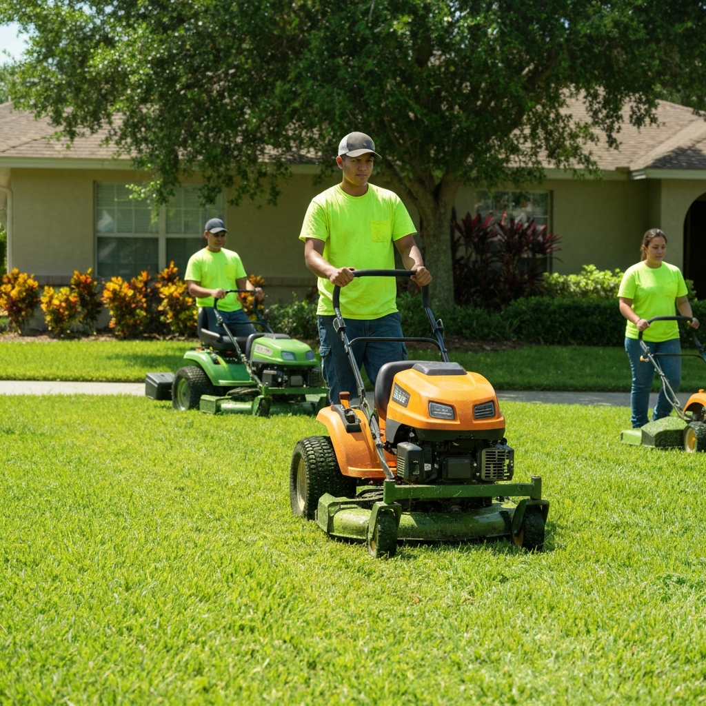 Professional lawn care crew mowing a lush green St. Augustine grass lawn in a sunny Florida neighborhood