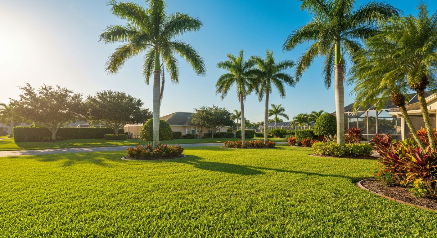 Perfectly manicured Florida residential lawn with bright green grass and tall palm trees