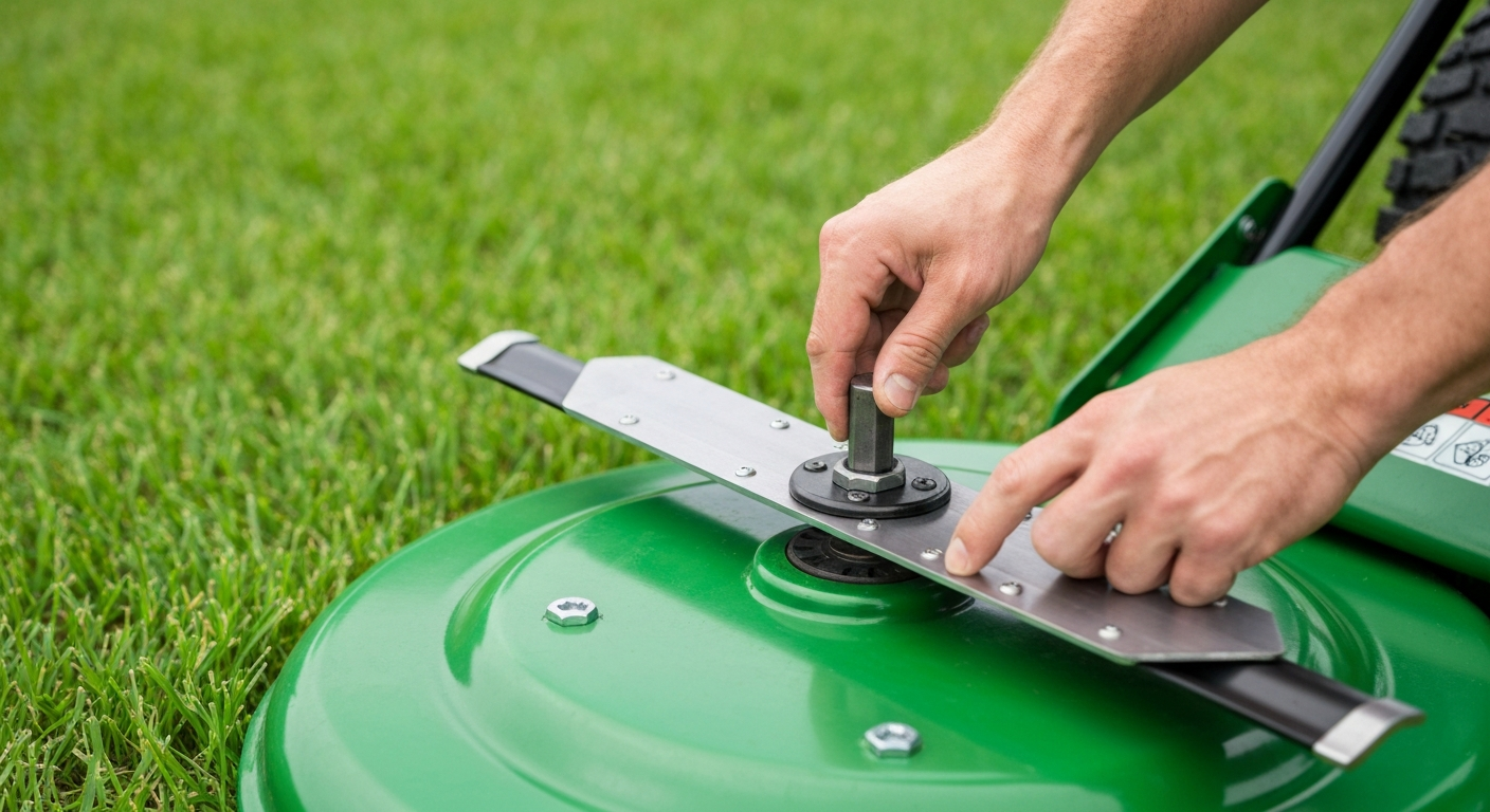 Close up of a sharpened lawn mower blade ready to cut Florida grass
