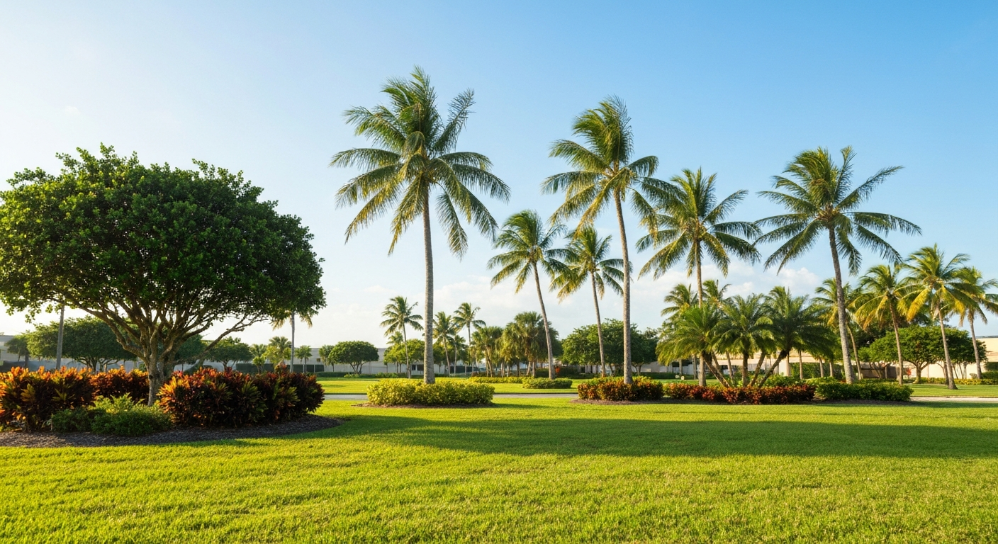 Professional Florida commercial grounds management featuring beautifully maintained HOA property entrance with palm trees and green grass