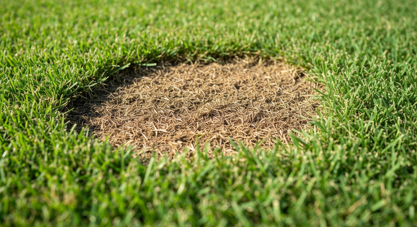 Close up of brown patches on a Florida St. Augustine grass lawn
