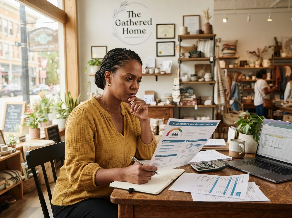 Small business owner reviewing credit documents at her shop