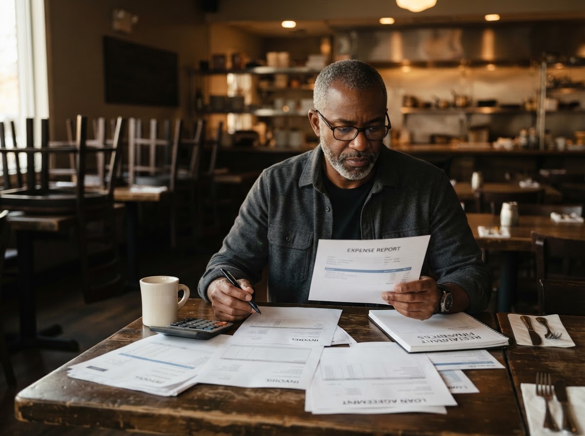 Restaurant owner reviewing multiple business statements and invoices after hours
