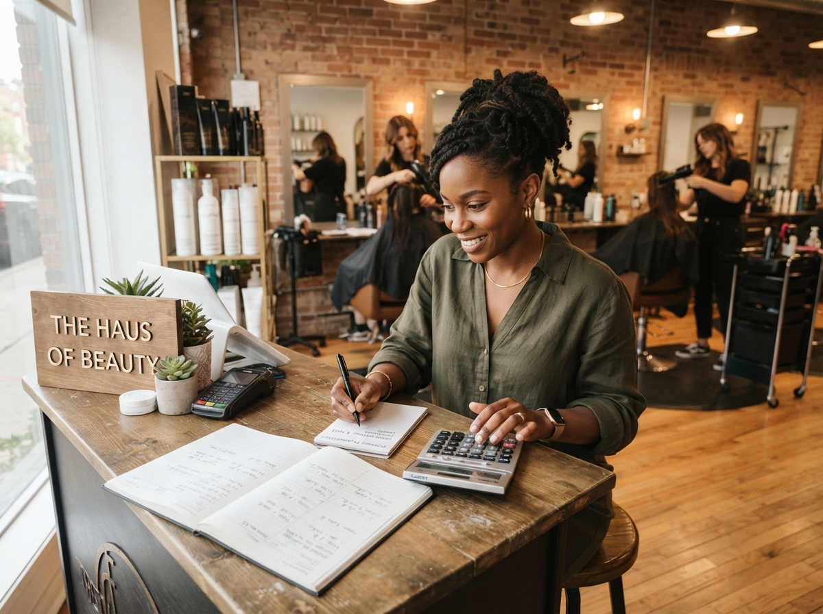 Salon owner planning appointments at her front desk