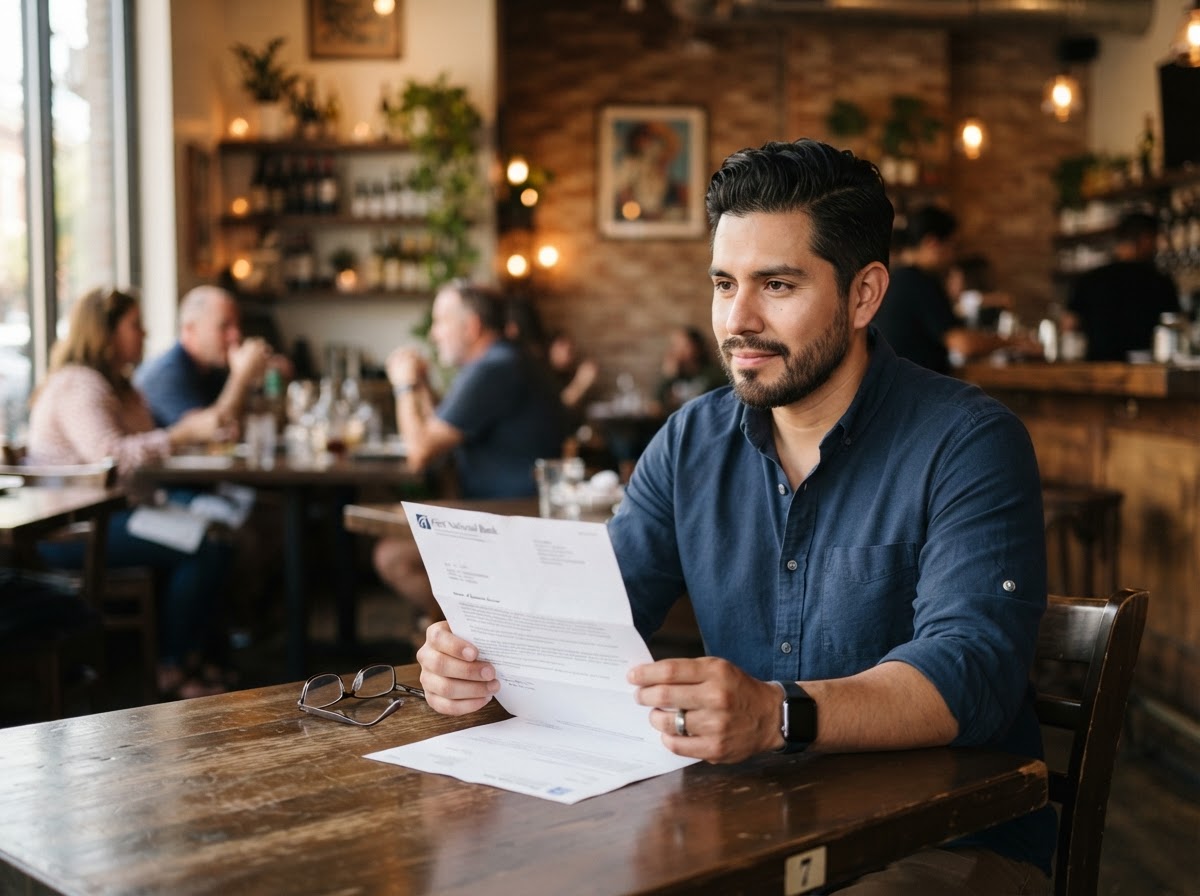 Restaurant owner reviewing a bank letter with calm determination