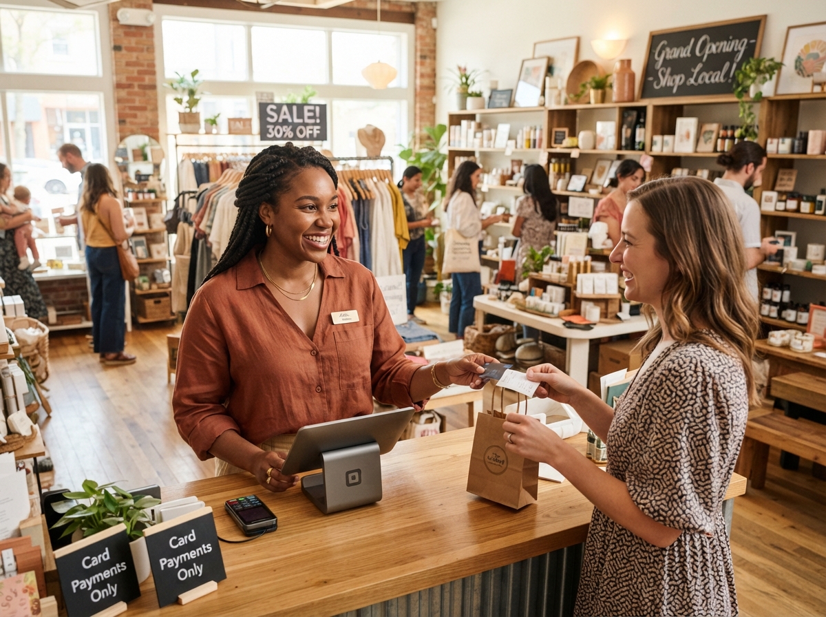 Confident retail store owner helping customers in her thriving shop