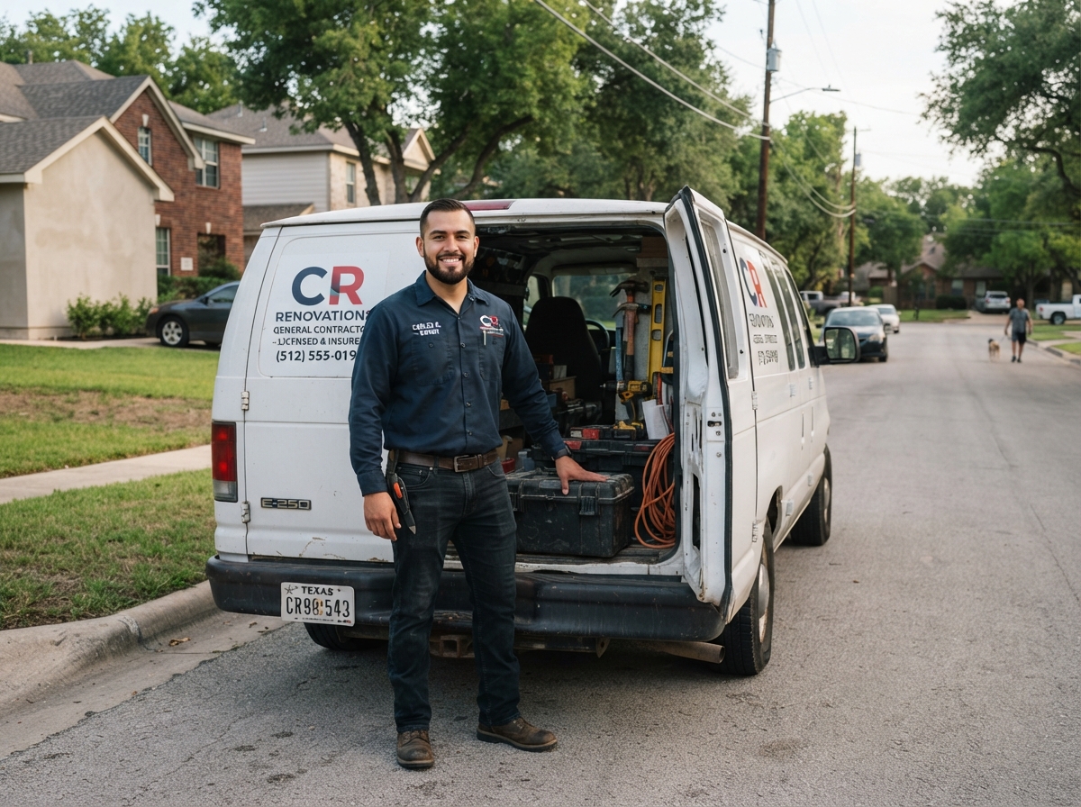 Service business contractor standing by his work van