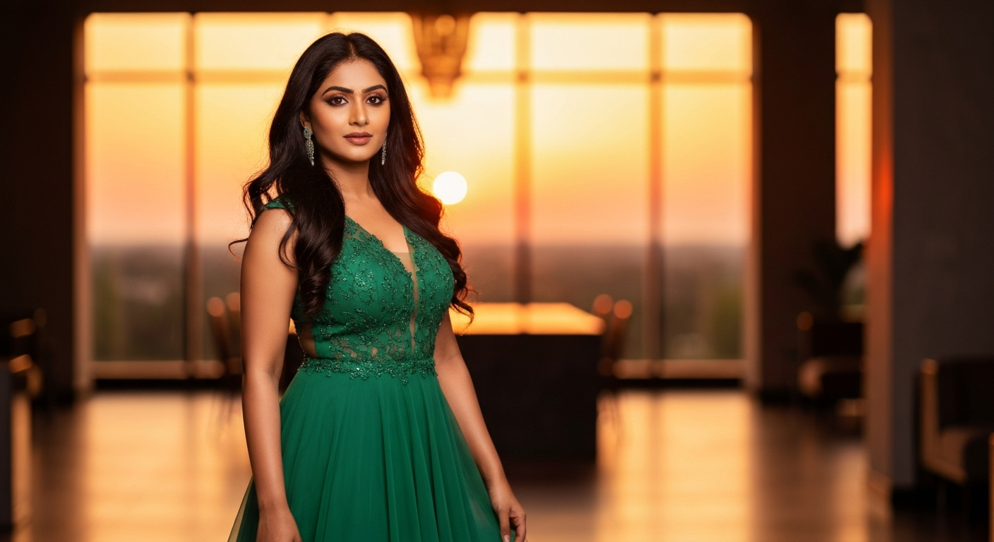 A beautiful professional woman of East Indian descent in an elegant evening dress
