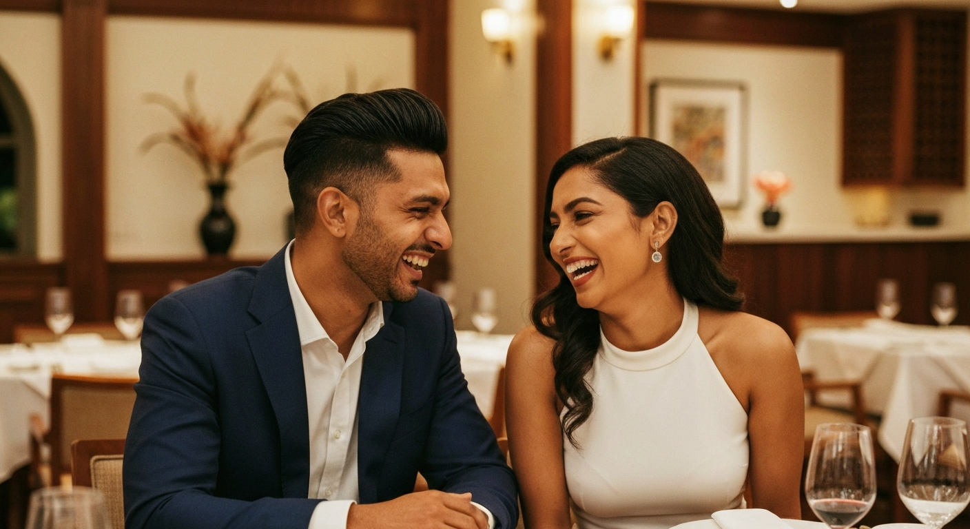 A stylish professional couple of East Indian descent laughing together