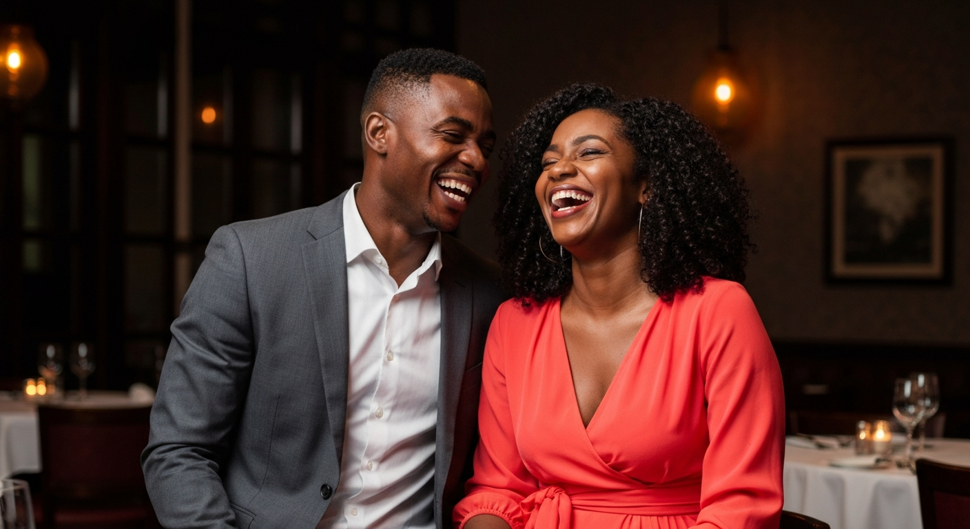 A well-dressed Caribbean couple laughing together at an upscale restaurant