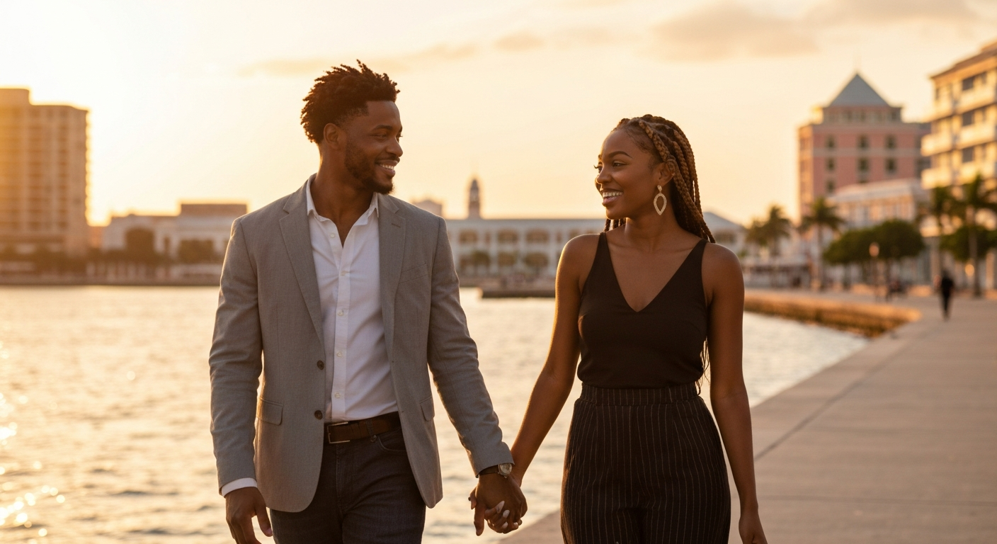 A stylish Caribbean couple walking hand-in-hand at sunset