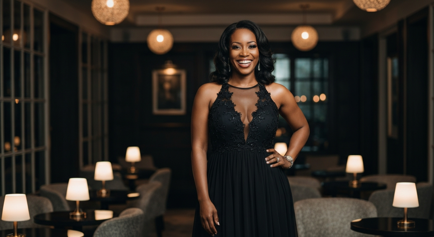 A beautiful Caribbean professional woman in an elegant evening dress