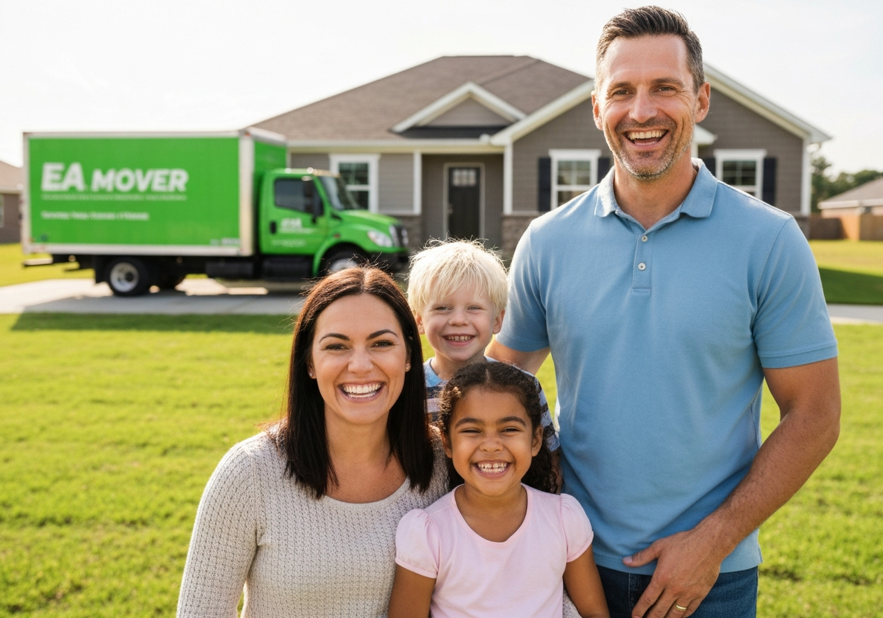 Happy family in front of new house