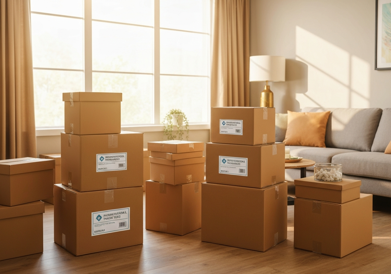 Packed moving boxes in a living room