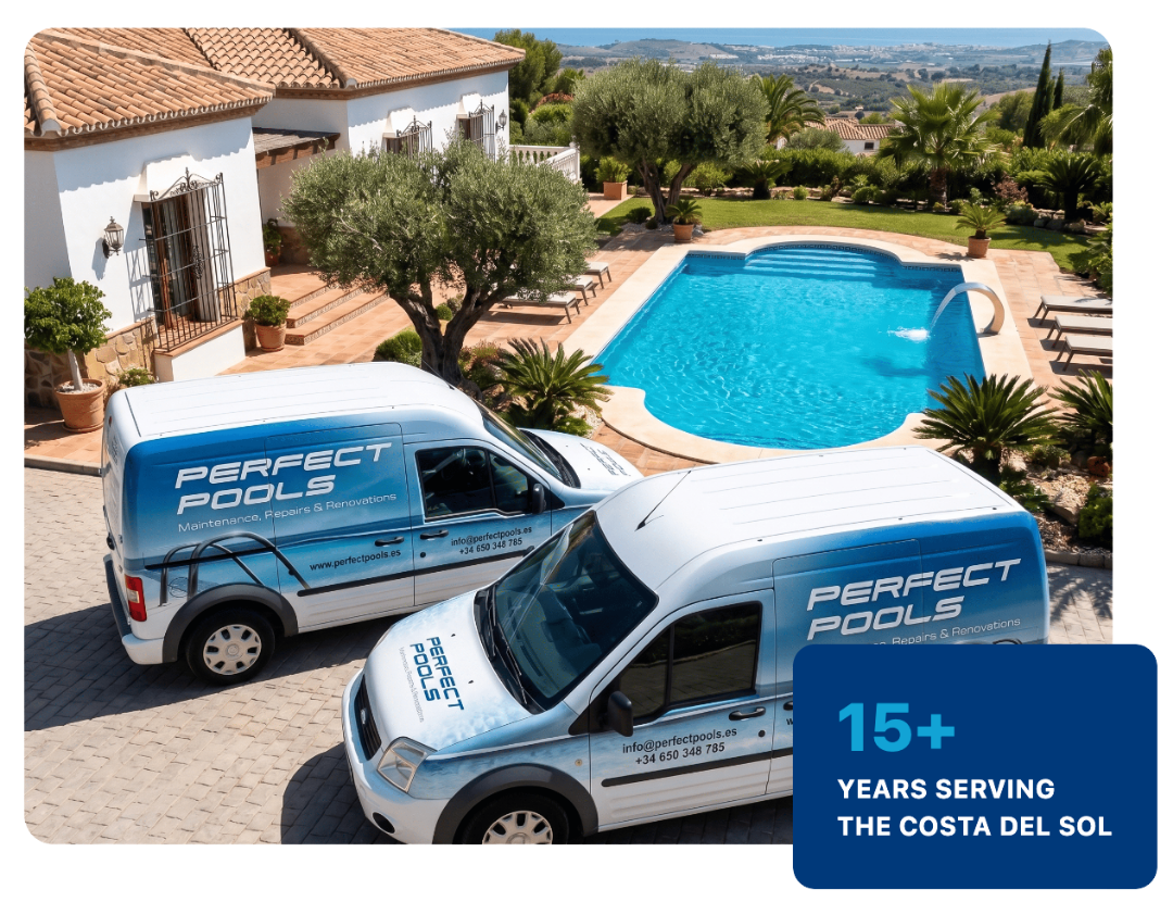 Perfect Pools vans at a Costa del Sol villa - 15+ years serving the Costa del Sol