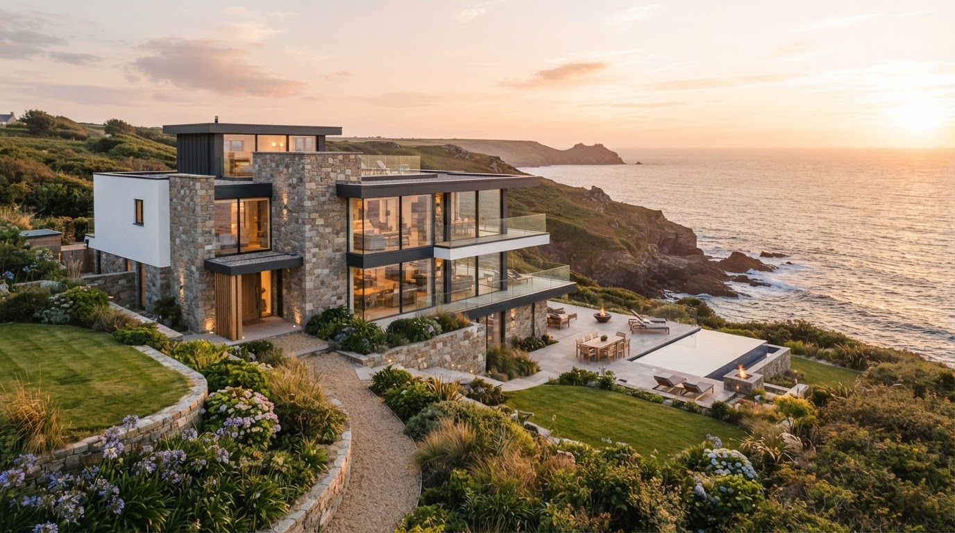 High-end luxury Cornwall coastal home with premium exterior finish