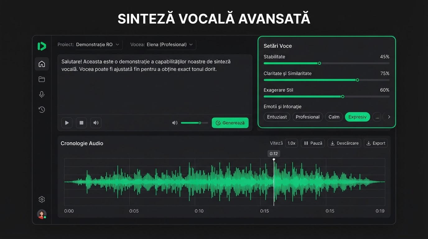 Interfața unui soft audio tip ElevenLabs cu setări de stabilitate și taguri de emoție pentru voce AI