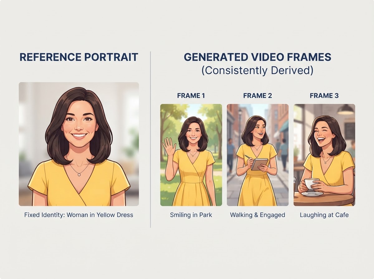 Comparație vizuală între o imagine de referință fixă și cadrele video generate din ea pentru consistență personaj