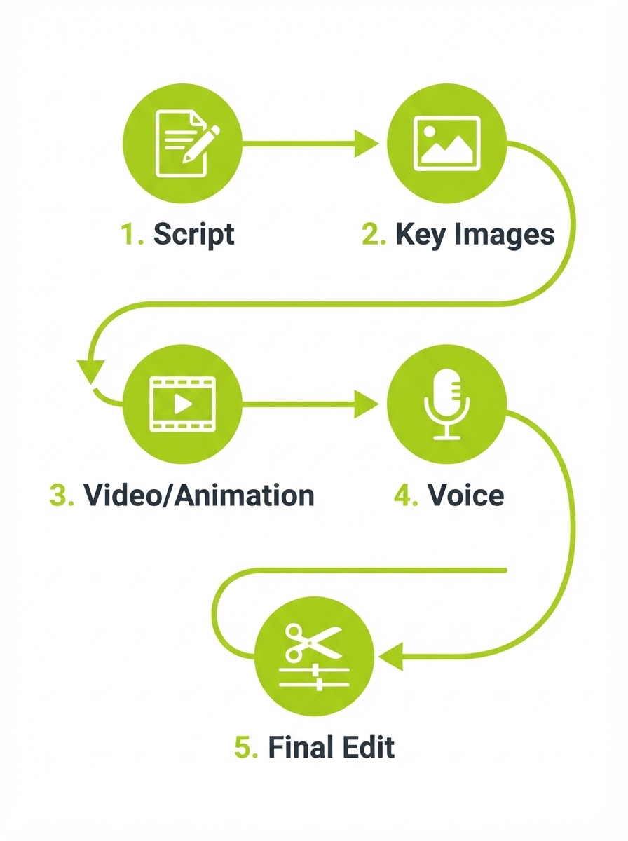 Diagramă simplă cu Tech Stack-ul inteligent: cele 5 roluri Scenariu, Imagini Cheie, Video, Voce, Montaj