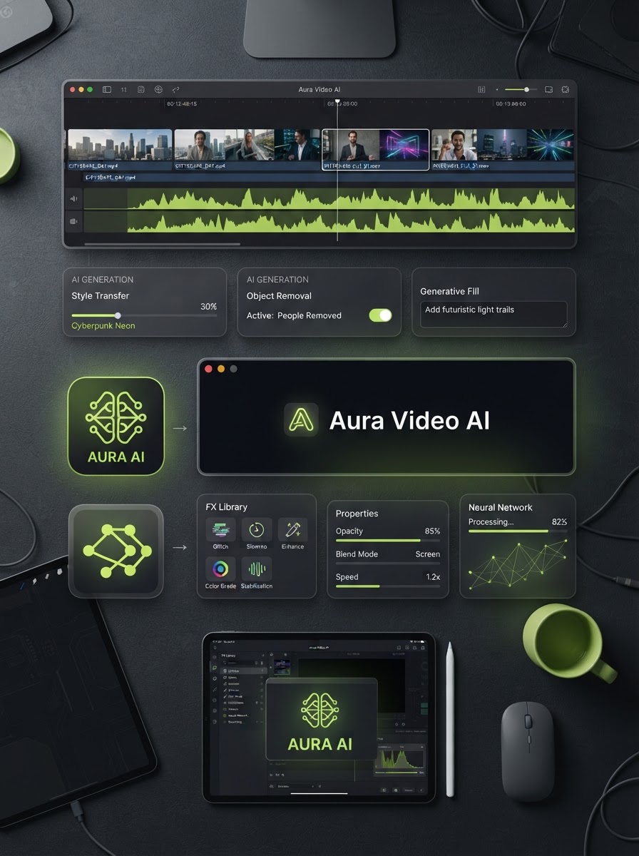 Selecție de pictograme și interfețe de unelte AI pentru producție video și editare digitală
