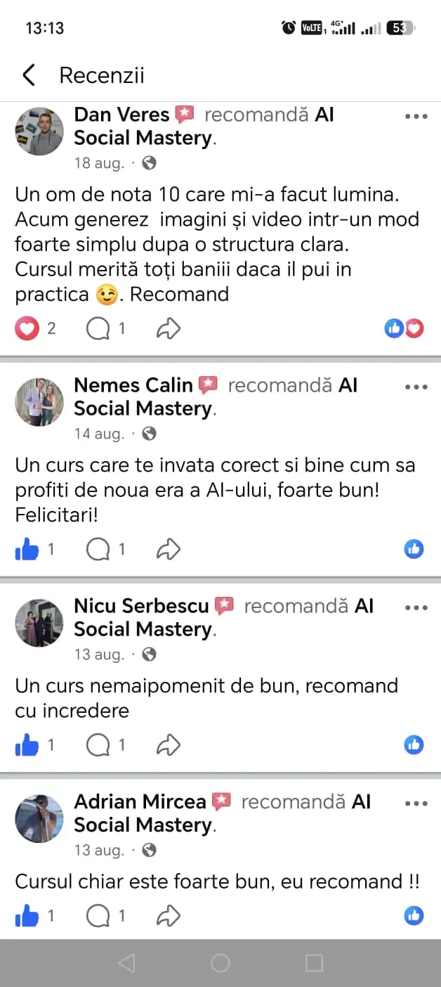 Testimoniale cursanți Ciprian Barbu și Nicu Șerbescu – recomandare curs AI Social Mastery