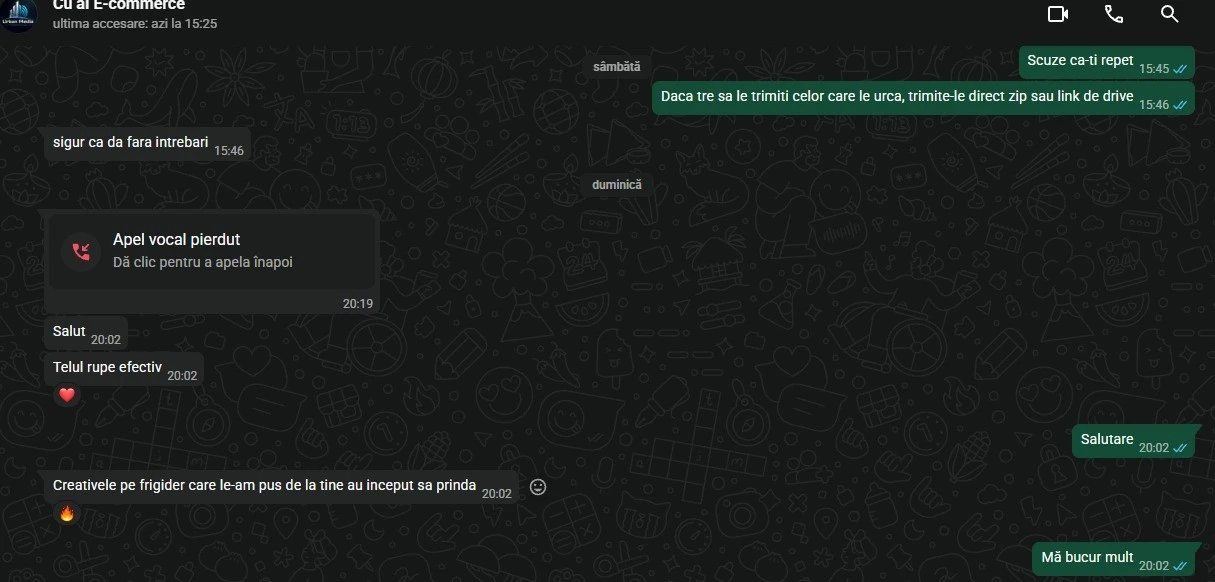Feedback WhatsApp client e-commerce – conversii și vânzări din creative video AI