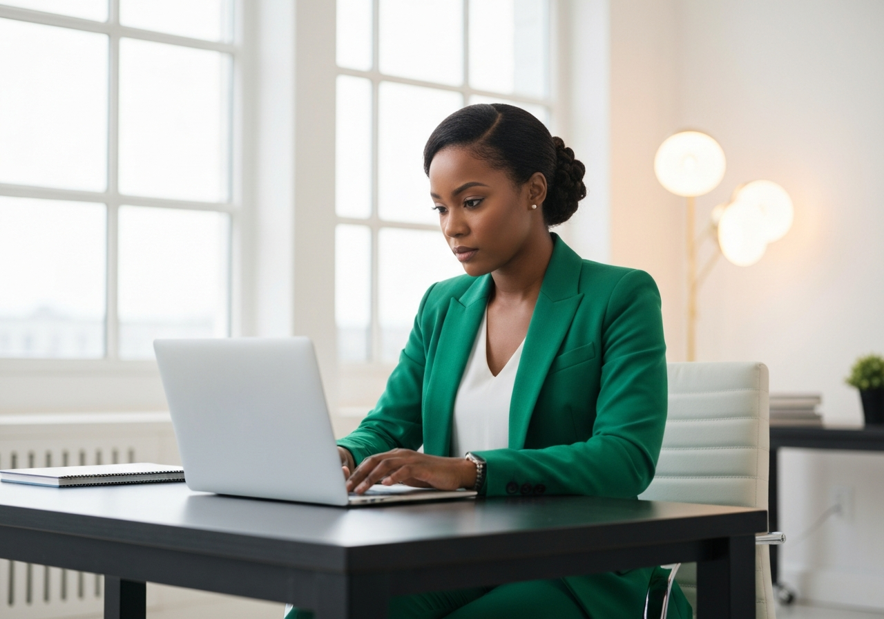 Confident melanated female entrepreneur working