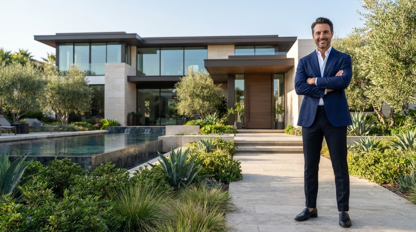Confident Mediterranean businessman standing outdoors in front of a modern luxury home, representing exclusive client acquisition for service contractors