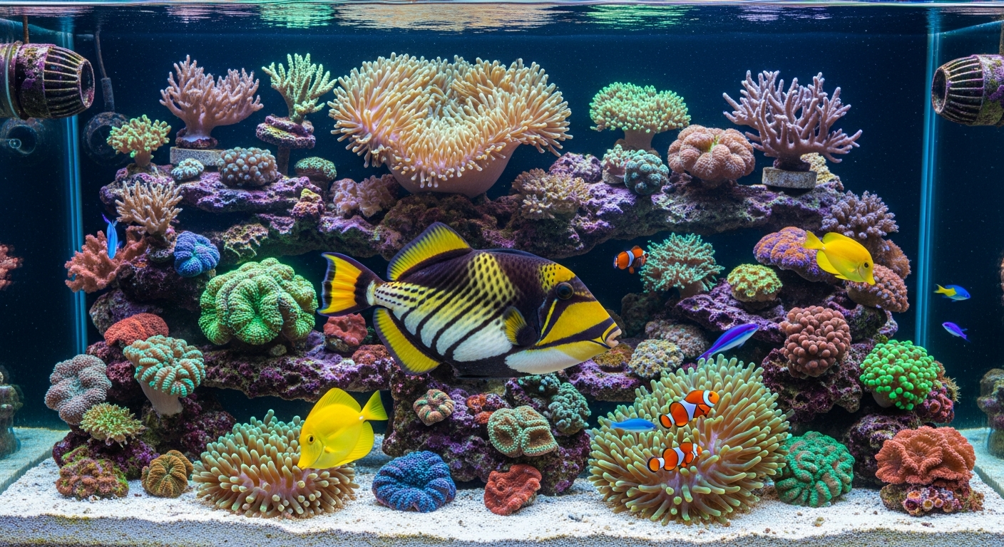 Vibrant Picasso Triggerfish in a reef aquarium